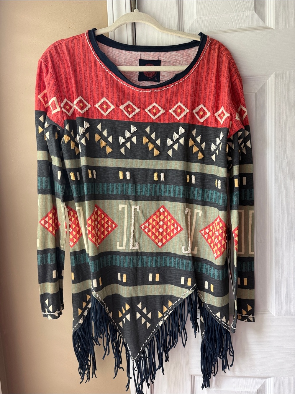 Double D Ranch Red Black Multicolor Southwestern Fringe Long Sleeve Top